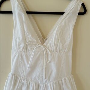 Commense White V-Neck Tie Front Midi Cotton Dress